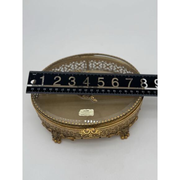 Hollywood Regency Gold Filigree Oval Trinket Box Rose Feet And Lid Decoration - Picture 8 of 8